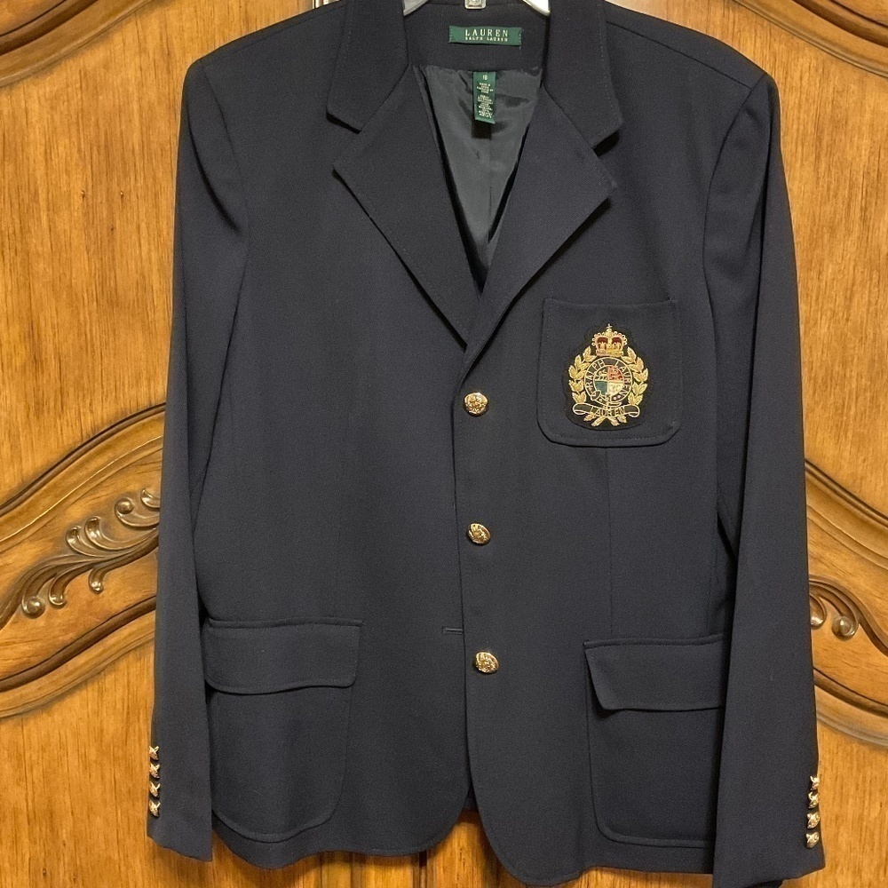 NWOT POLO RALPH LAUREN 100% WOOL DARK Blue CREST WOMAN BLAZER NEW SIZE US 16 - Picture 4 of 13